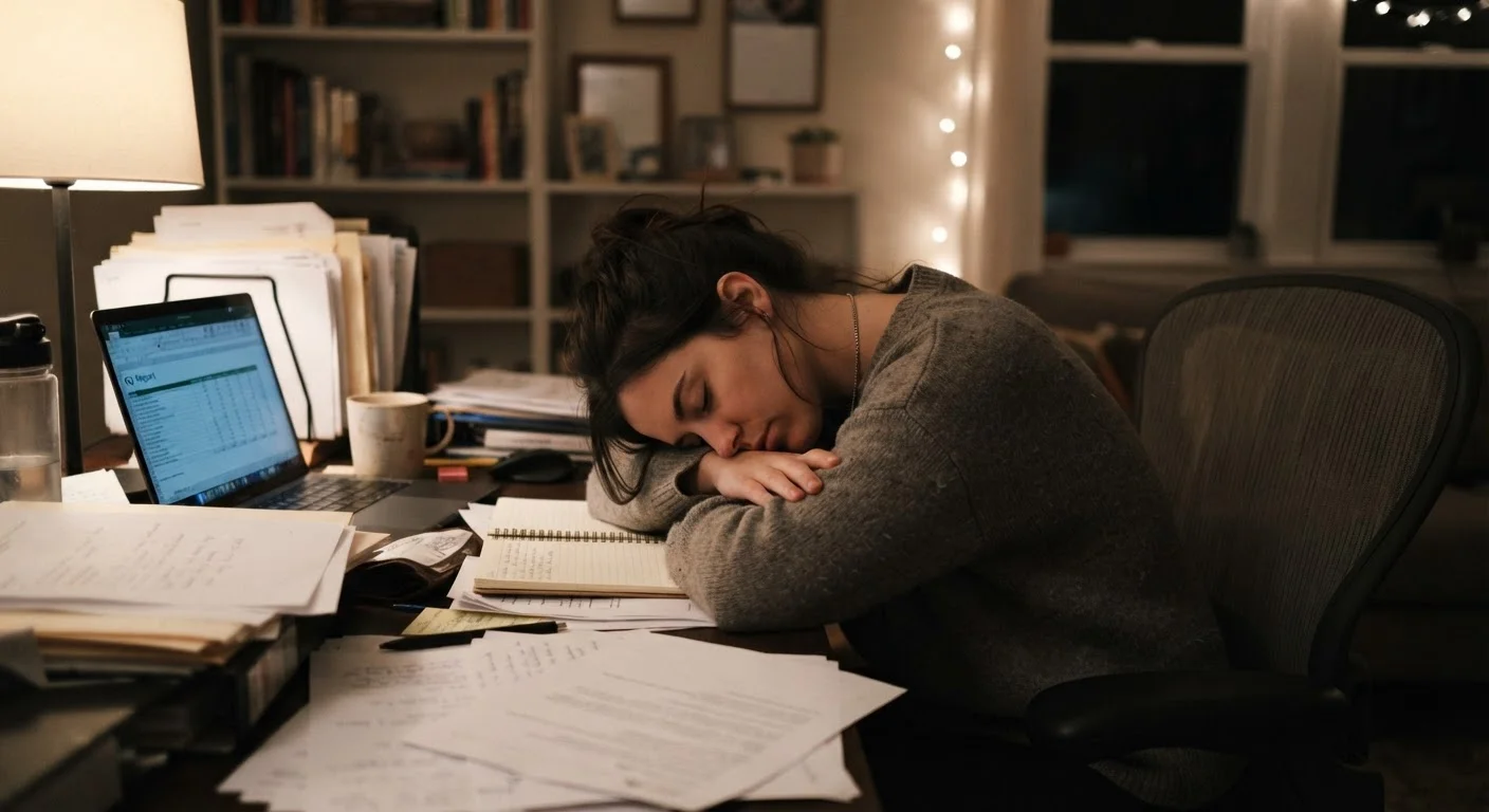 A person resting their head on a desk, appearing overwhelmed by sudden sleepiness during the day