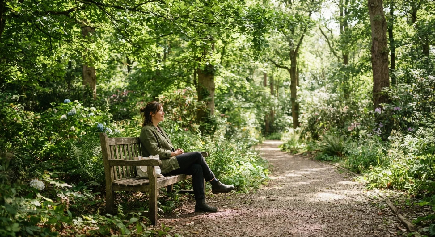 Person sitting quietly on a park bench surrounded by sunlit green trees.