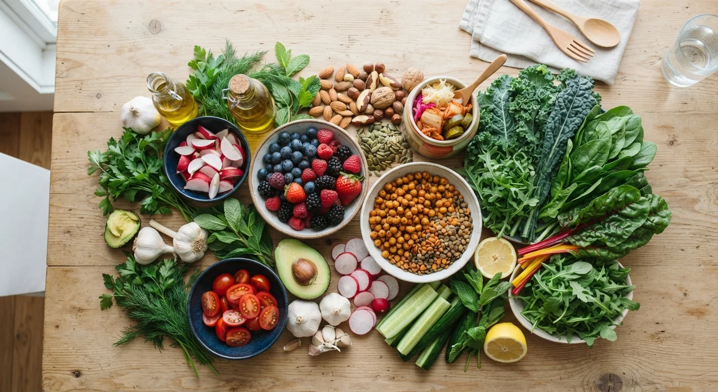 Colorful assortment of whole foods including greens, berries, legumes, and fermented vegetables arranged on a wooden surface.