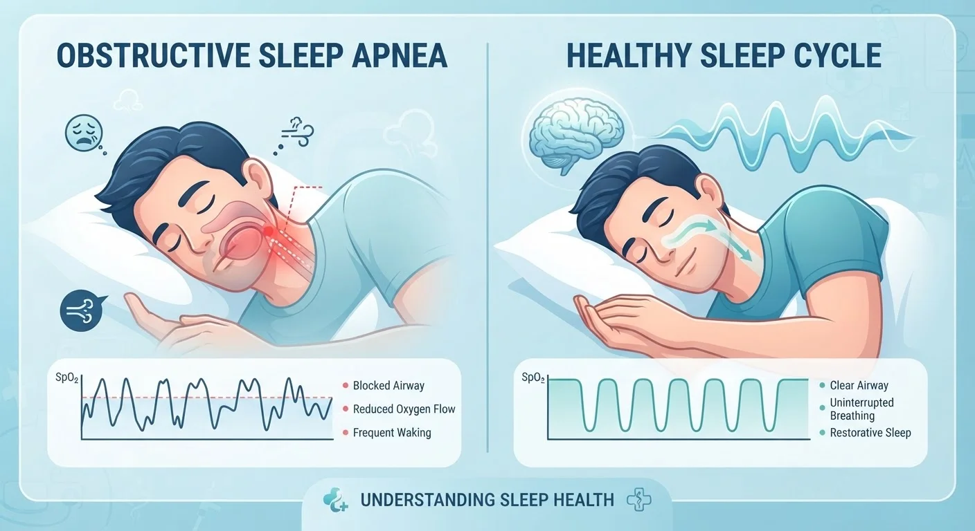 Split diagram comparing obstructive and central sleep apnea mechanisms in two sleeping figures
