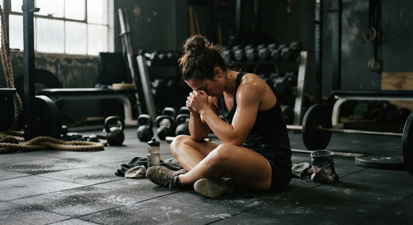 Exhausted athlete sitting on gym floor surrounded by workout equipment, head bowed in fatigue