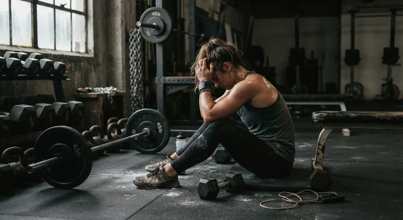 Exhausted athlete sitting on gym floor with head in hands surrounded by exercise equipment