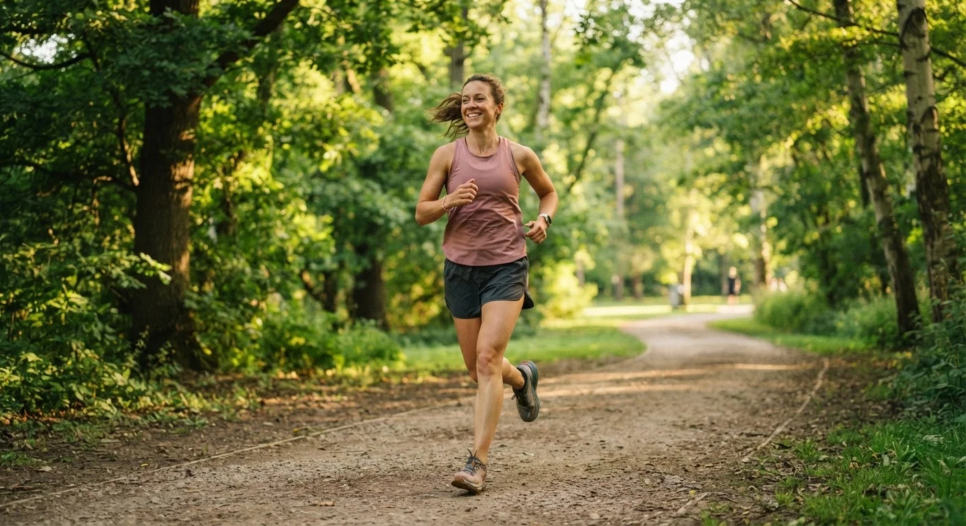 Person jogging at a moderate pace along a sunlit park path lined with green trees