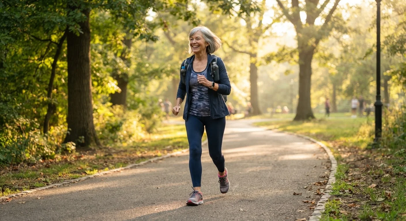 An older adult walking briskly along a sunny park path in athletic wear