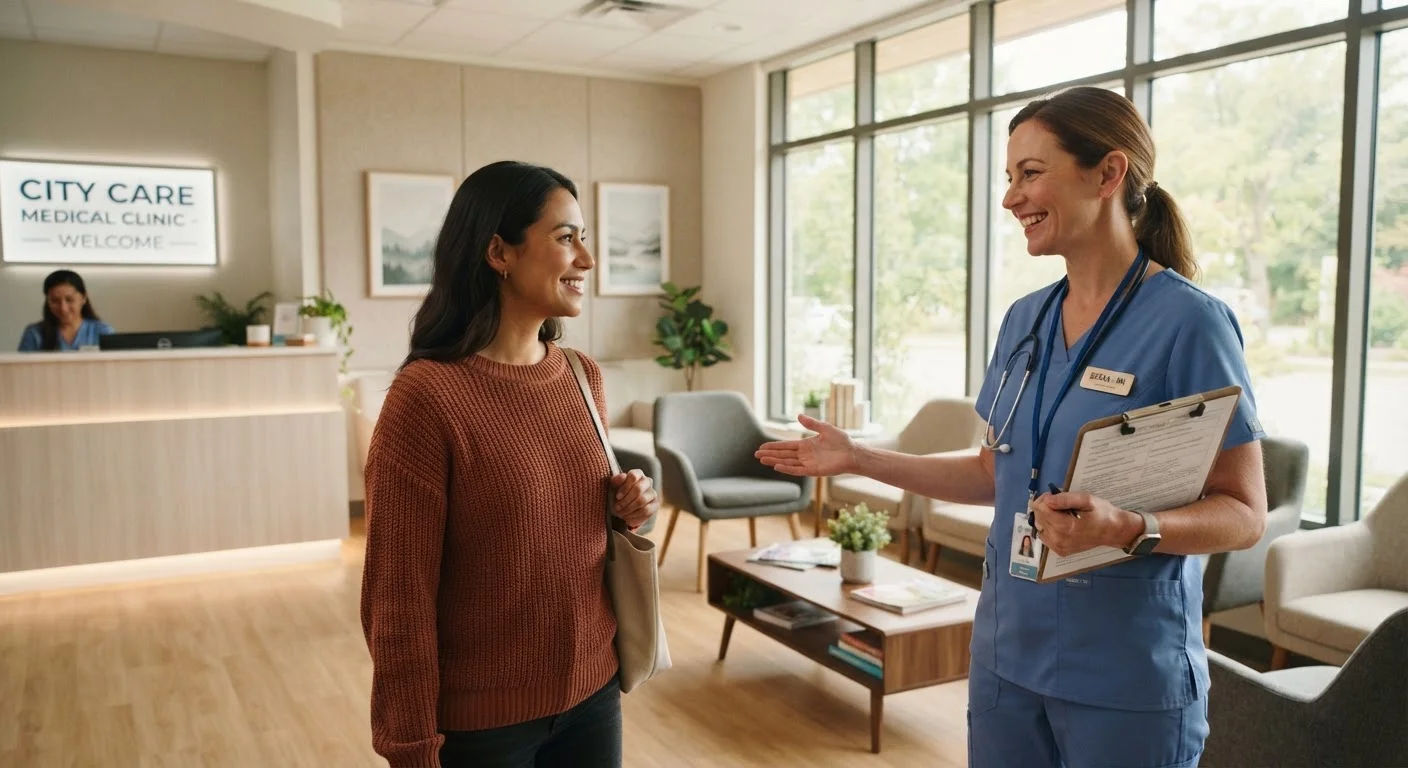 A friendly nurse welcoming a first-time patient in a bright, modern medical clinic