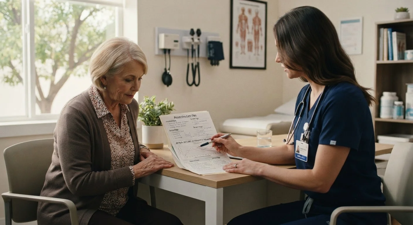 Healthcare provider reviewing a preventive screening chart with a patient in a medical office