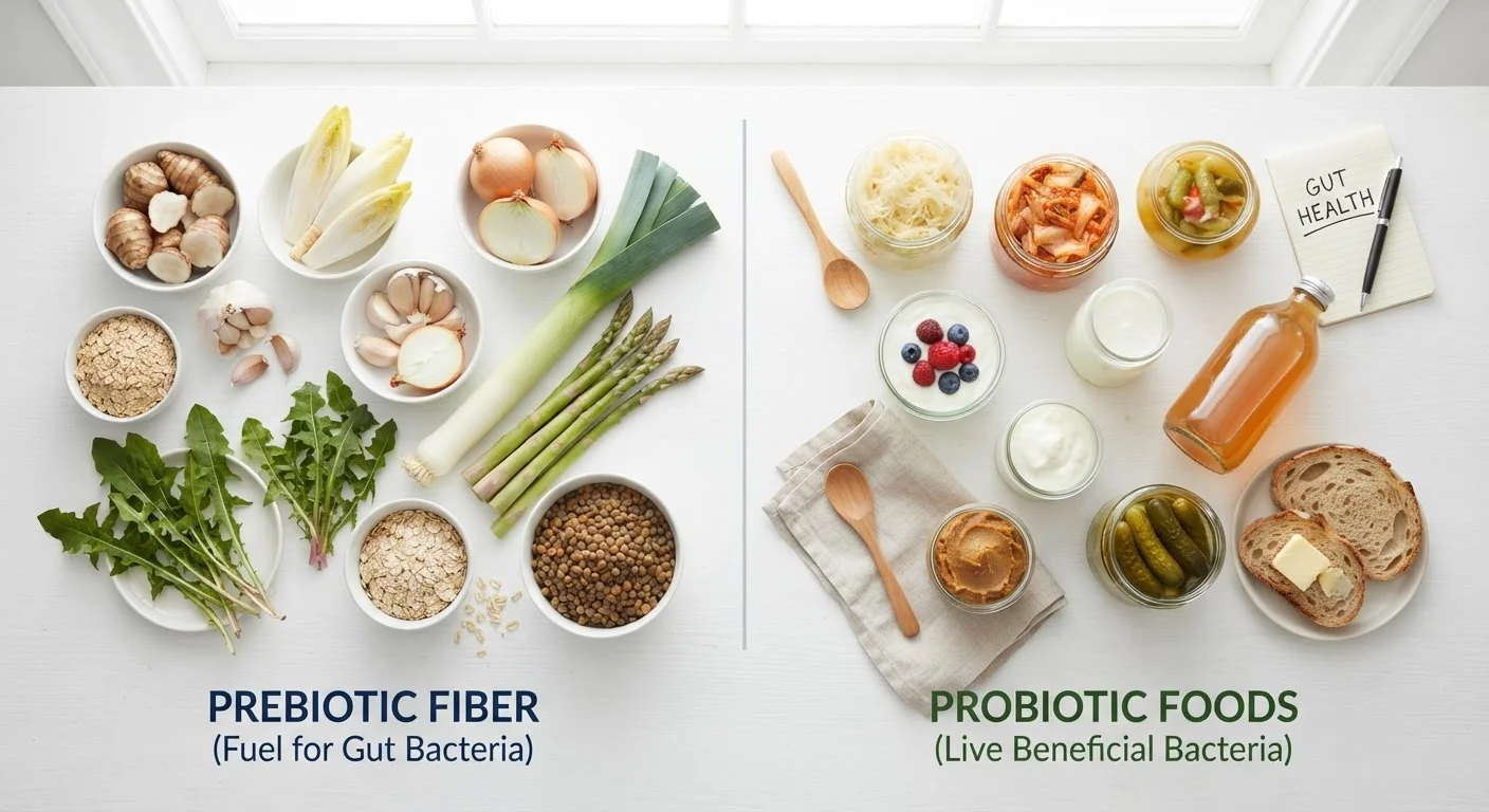 Side-by-side display of fiber-rich vegetables and fermented foods representing prebiotics and probiotics