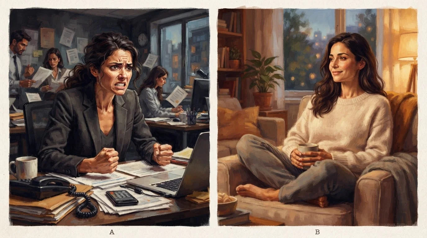 Two contrasting emotional states — a tense reactive moment versus a calm regulated response.