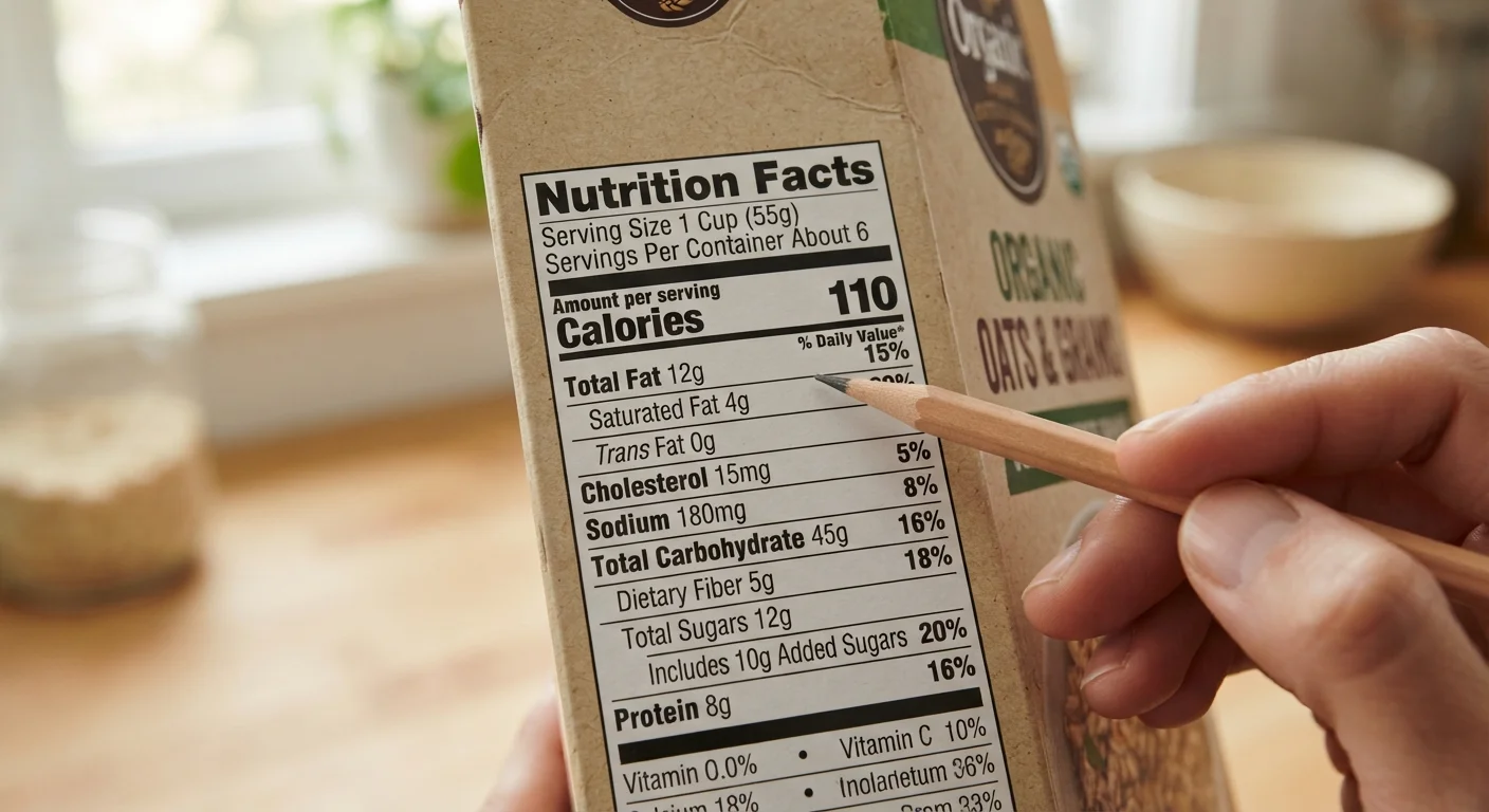 A hand pointing to the macronutrient section of a nutrition facts label on a food package