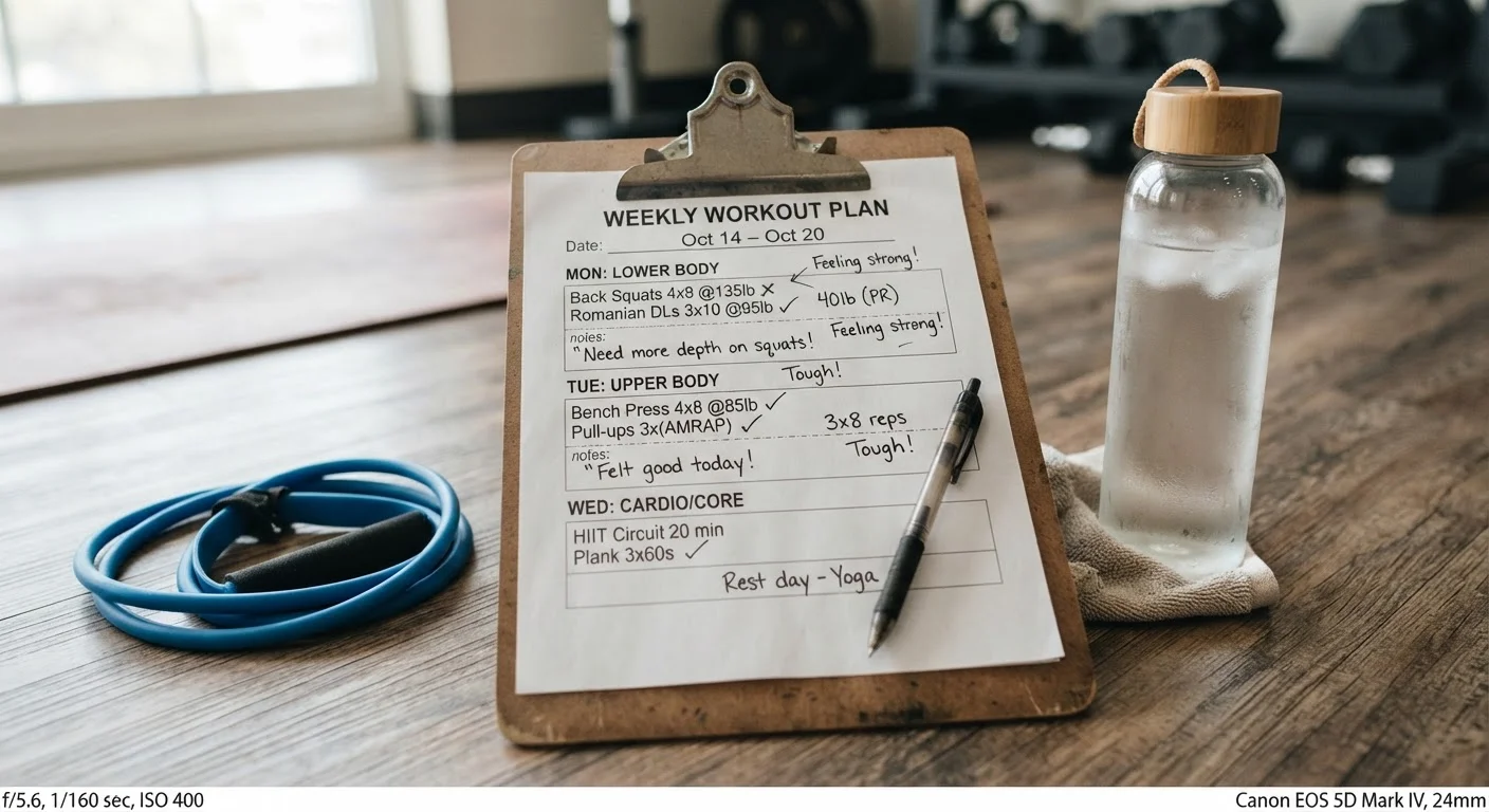 A printed workout plan on a clipboard with handwritten notes and fitness accessories nearby