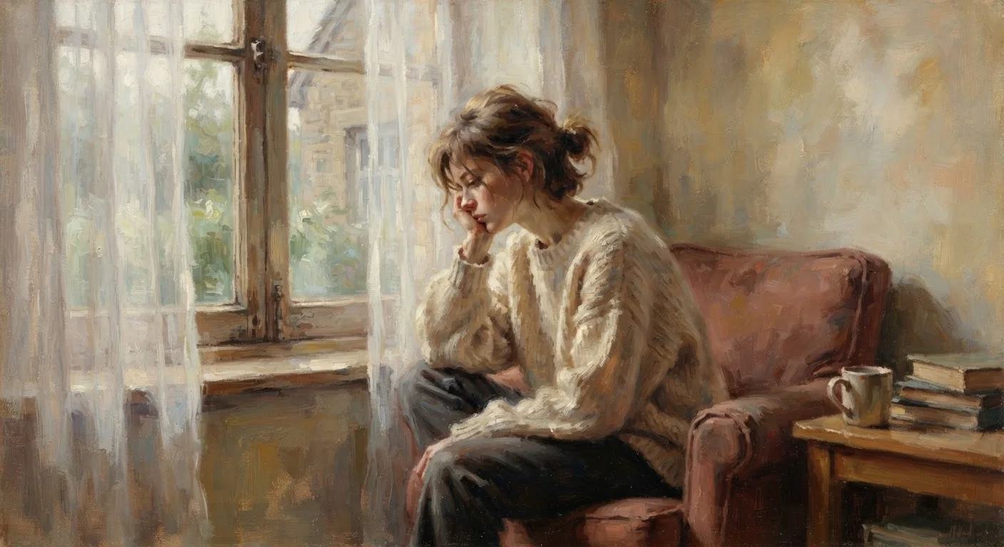 A person sitting alone by a window looking tired and emotionally drained in soft light.