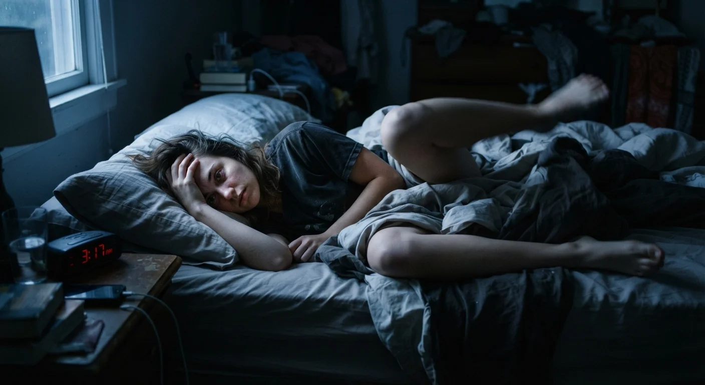 Person lying awake in bed at night with restless legs on tangled sheets
