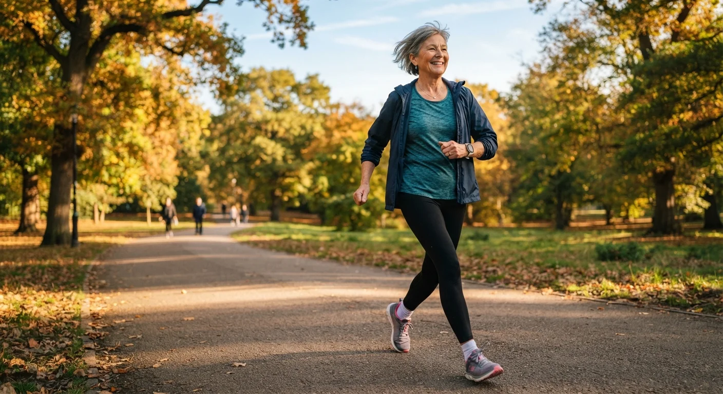 An older adult in athletic wear walking confidently on a sunny park path