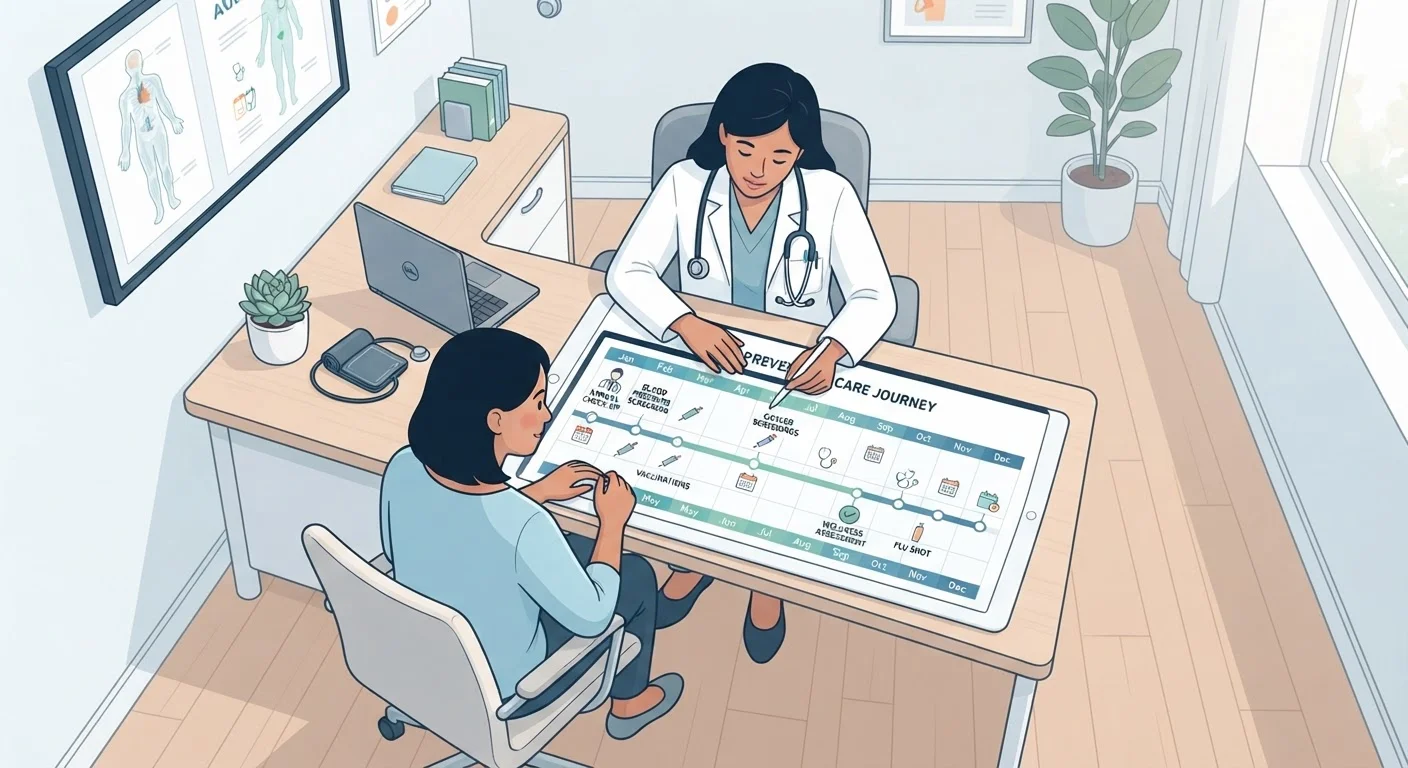 Doctor reviewing a preventive screening timeline chart in a modern clinical office setting