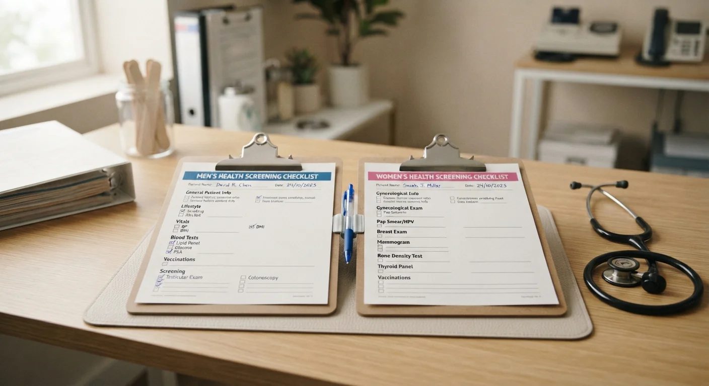 Two medical clipboards with preventive screening checklists side by side on a clinical desk