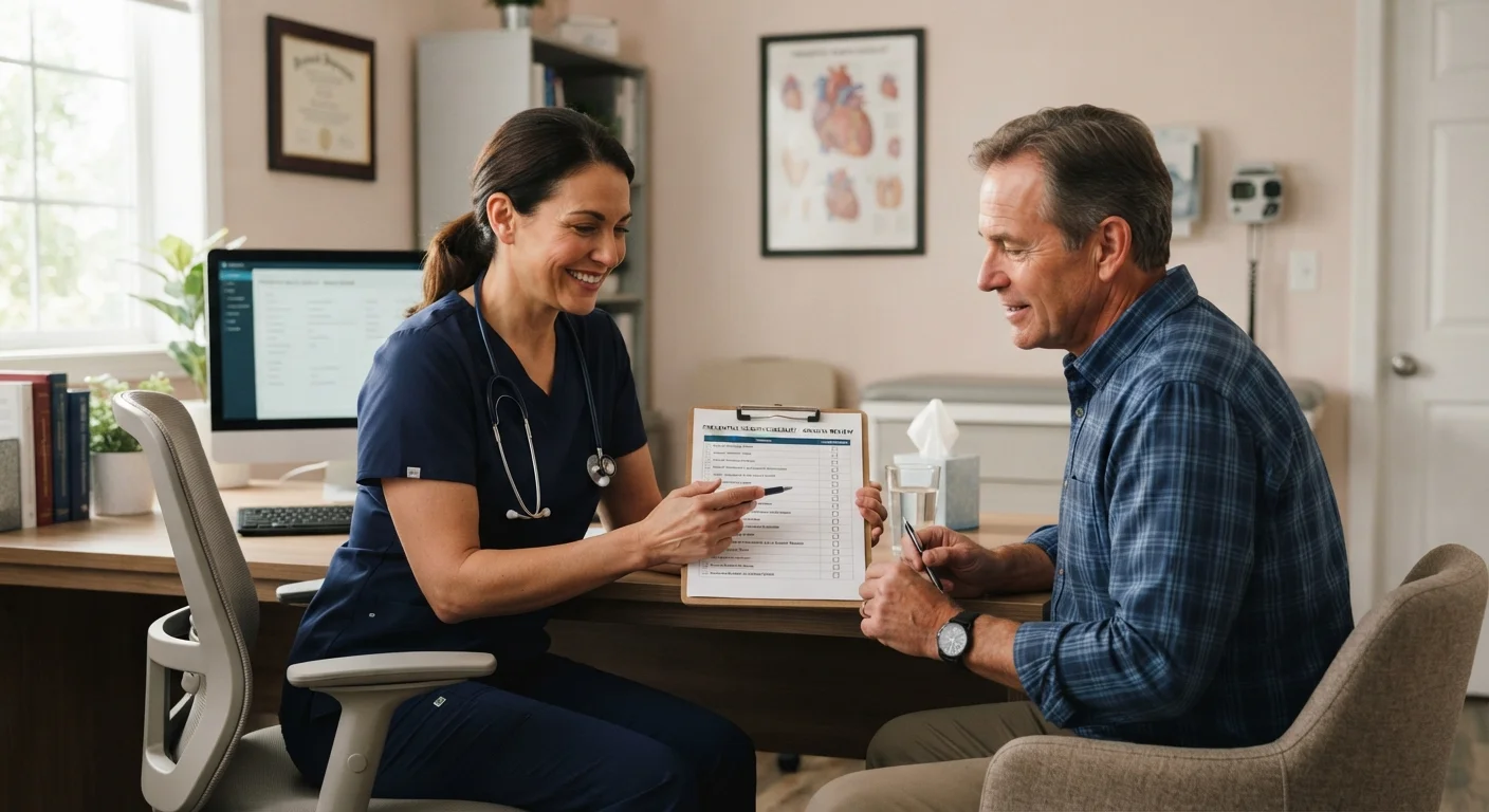 A doctor reviewing a preventive screening checklist with a patient in a clinic.