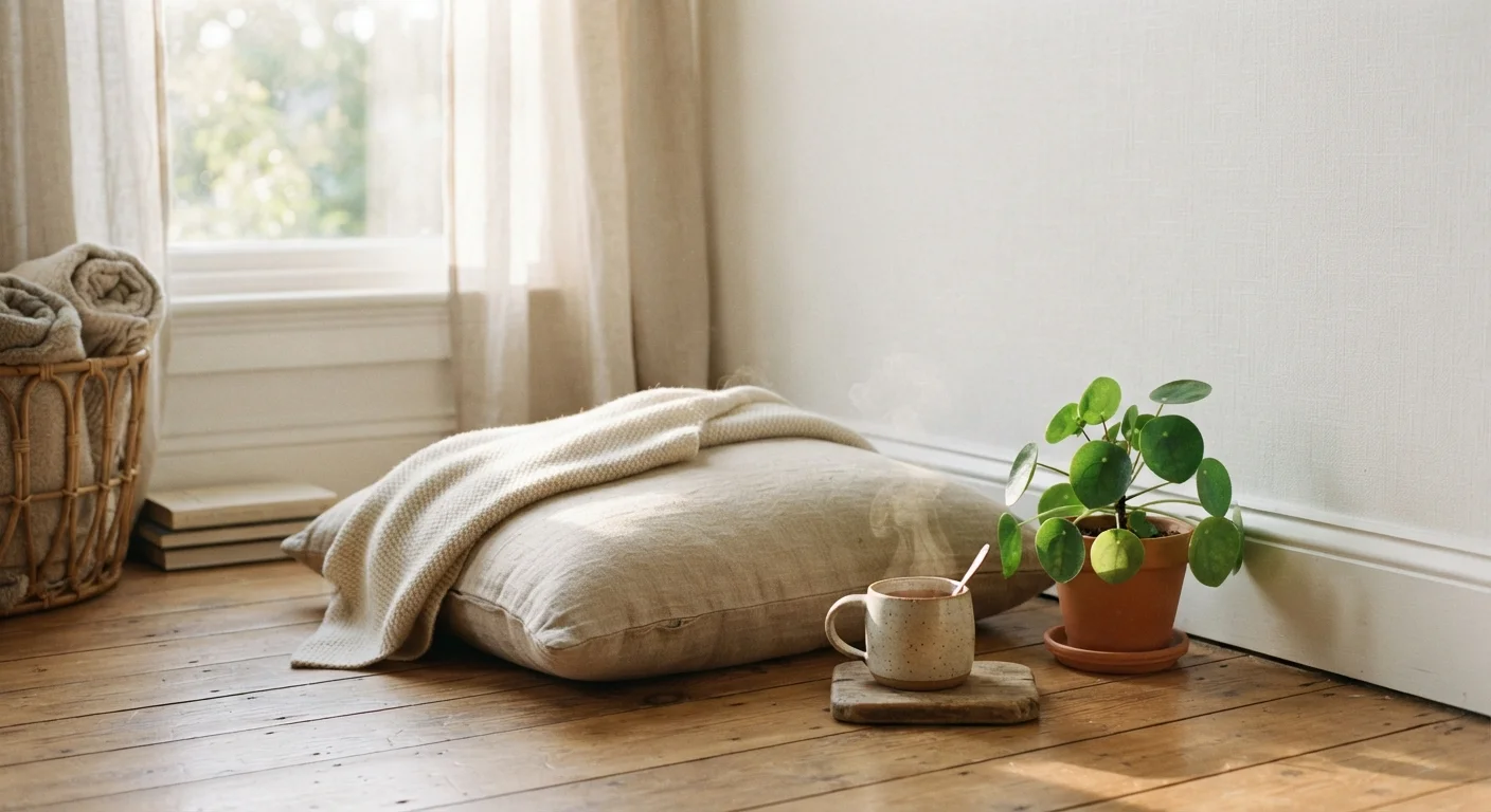 A cozy, minimal meditation corner with a cushion, plant, and warm morning light