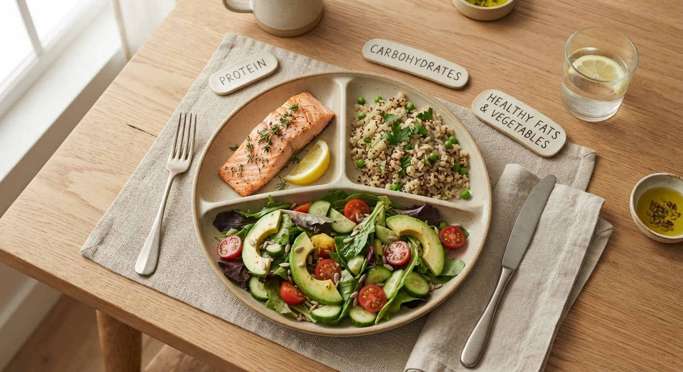 A plate divided into sections representing different macronutrient food groups side by side.
