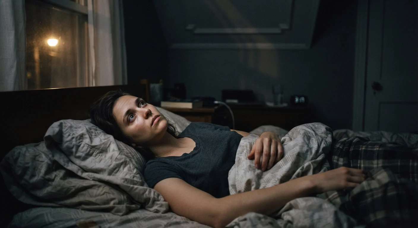 Person lying awake in a dark bedroom at night, unable to sleep, looking concerned