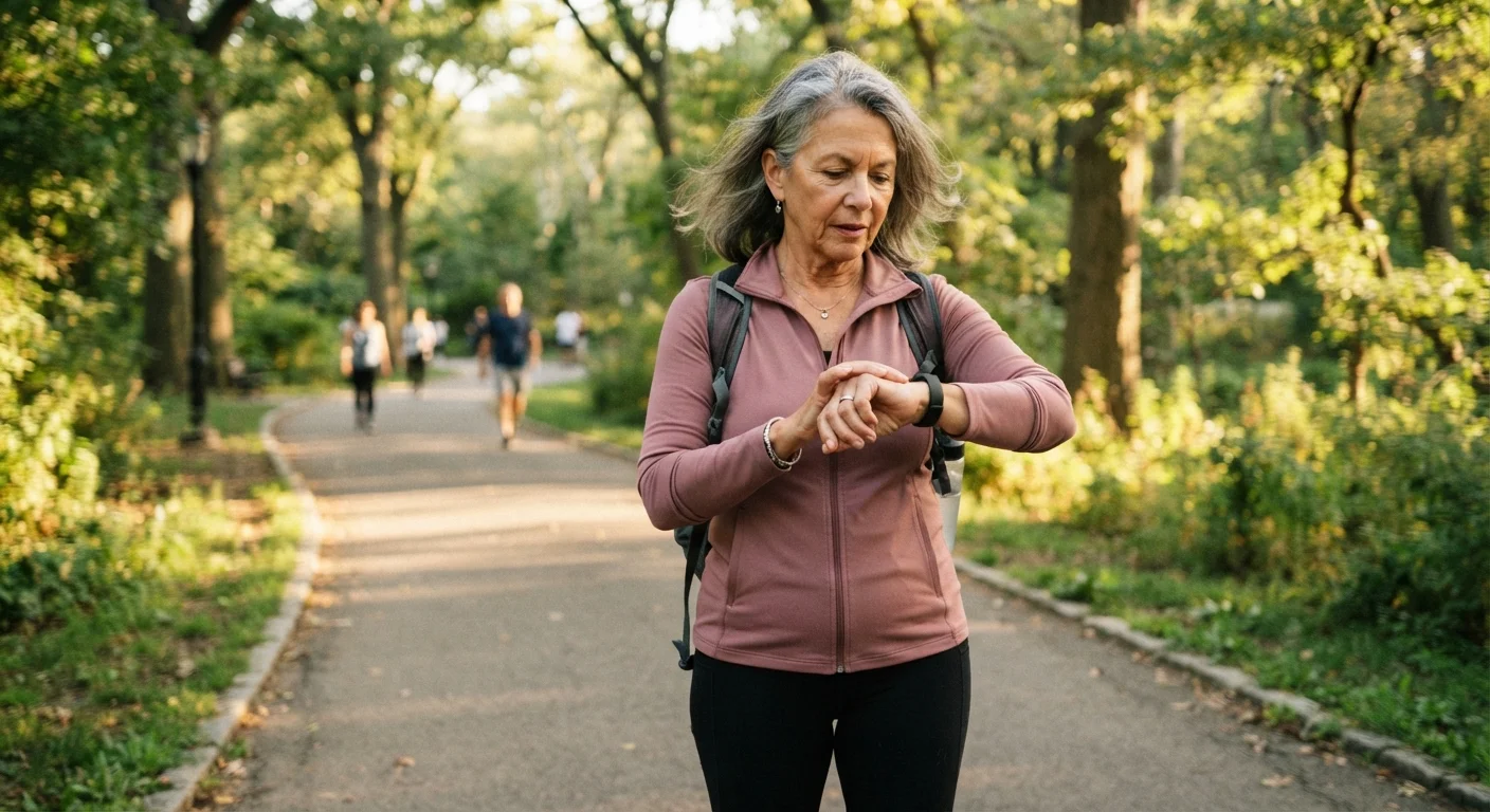 An older adult pausing on a park trail to check their fitness tracker during a workout