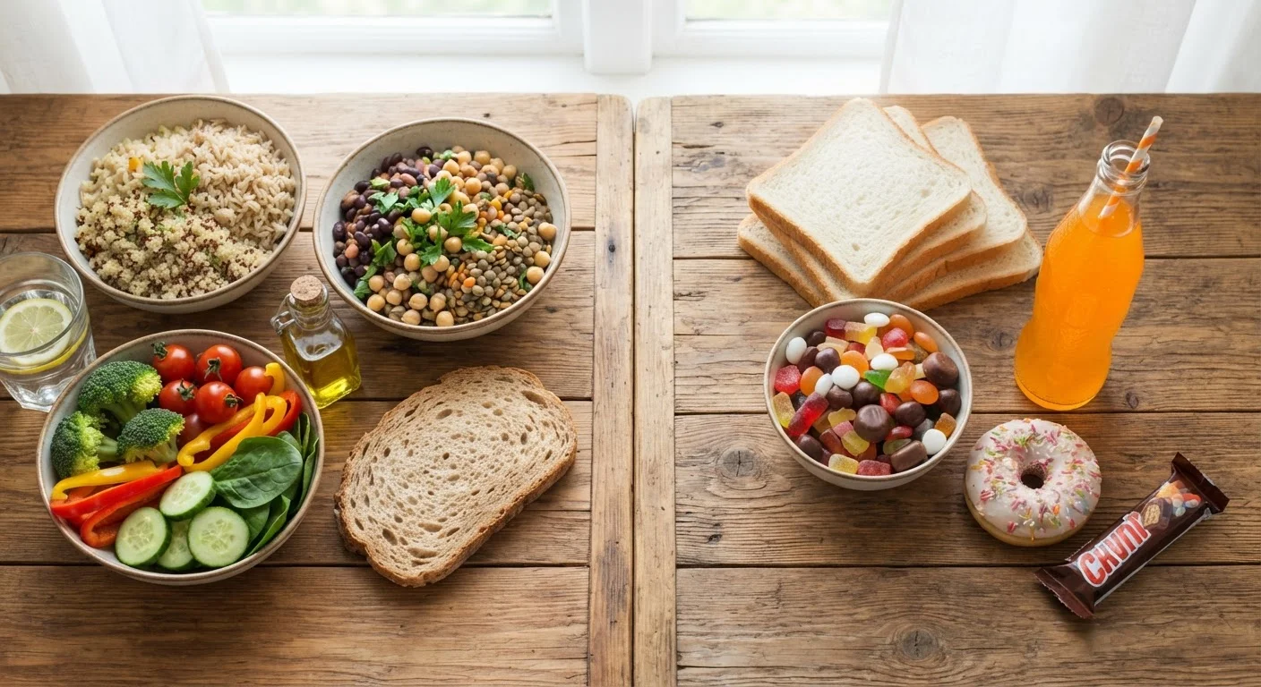 Two groups of foods contrasting simple carbohydrates like white bread and candy with complex carbs like whole grains and legumes