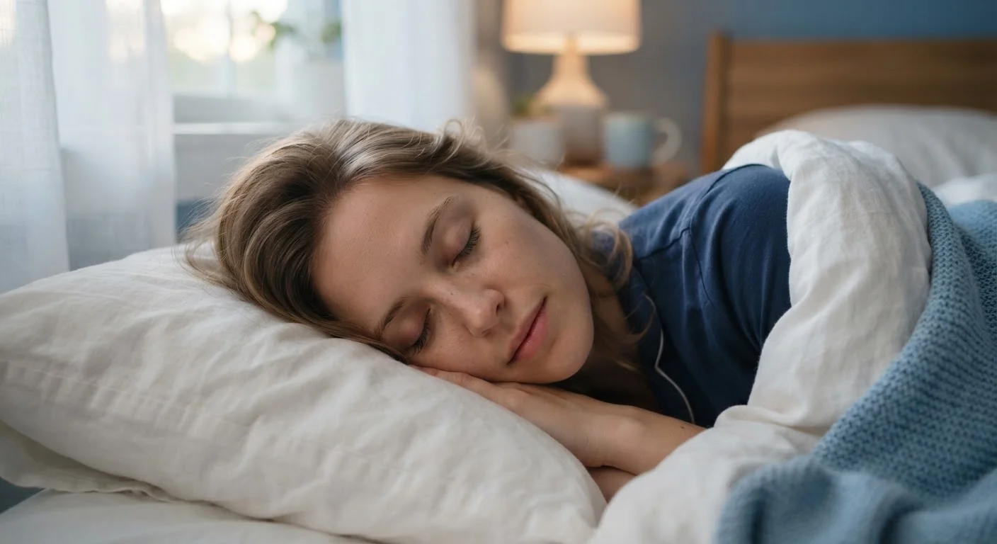 Person sleeping peacefully in a dimly lit bedroom with soft white bedding