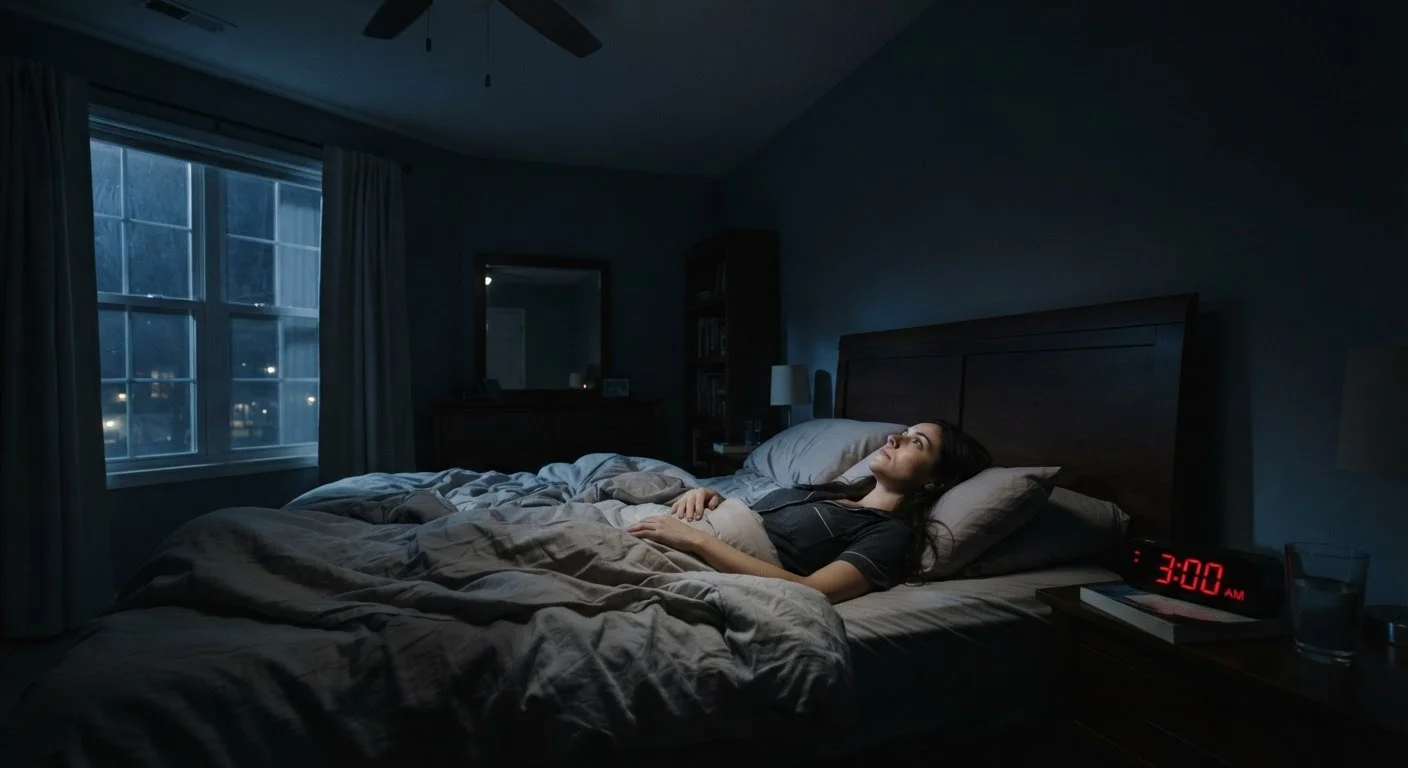 Person lying awake in a dark bedroom at 3am, unable to sleep due to a sleep disorder