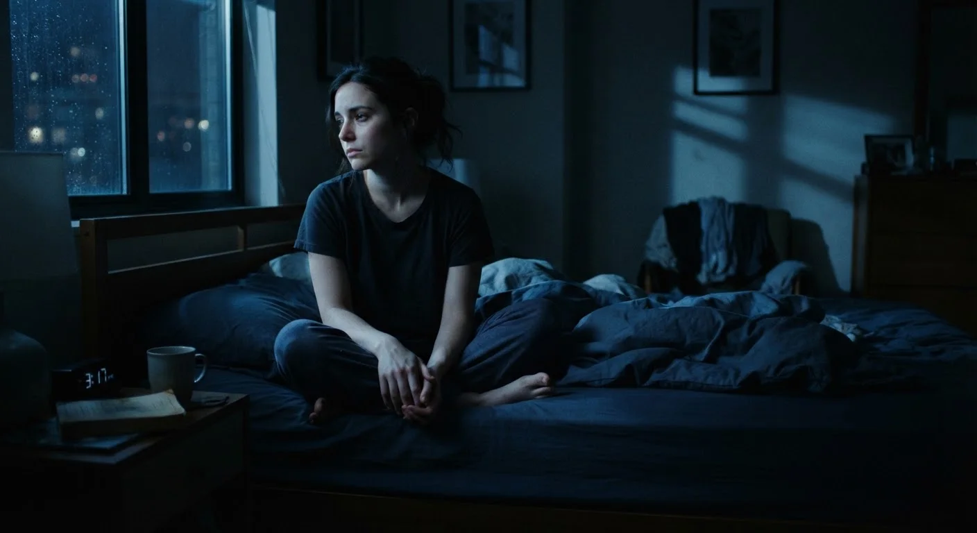 A person awake in a dark bedroom at night, appearing restless and emotionally burdened