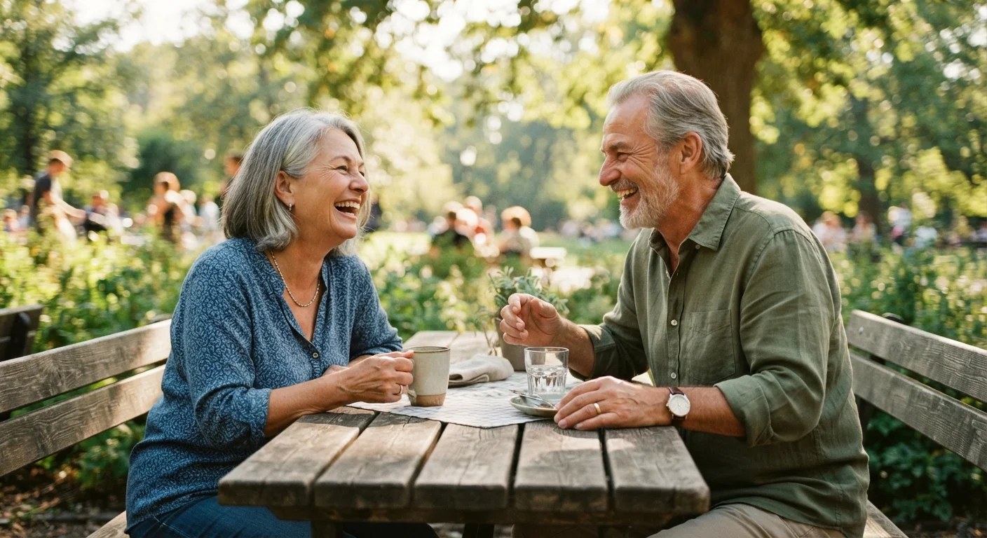 Two older adults laughing and talking together outdoors at a sunny park table