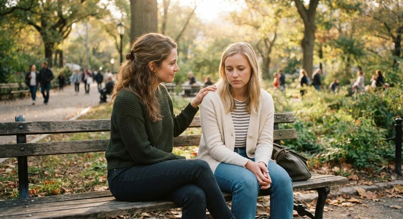 Two people sitting on a park bench sharing a quiet, supportive moment in warm sunlight