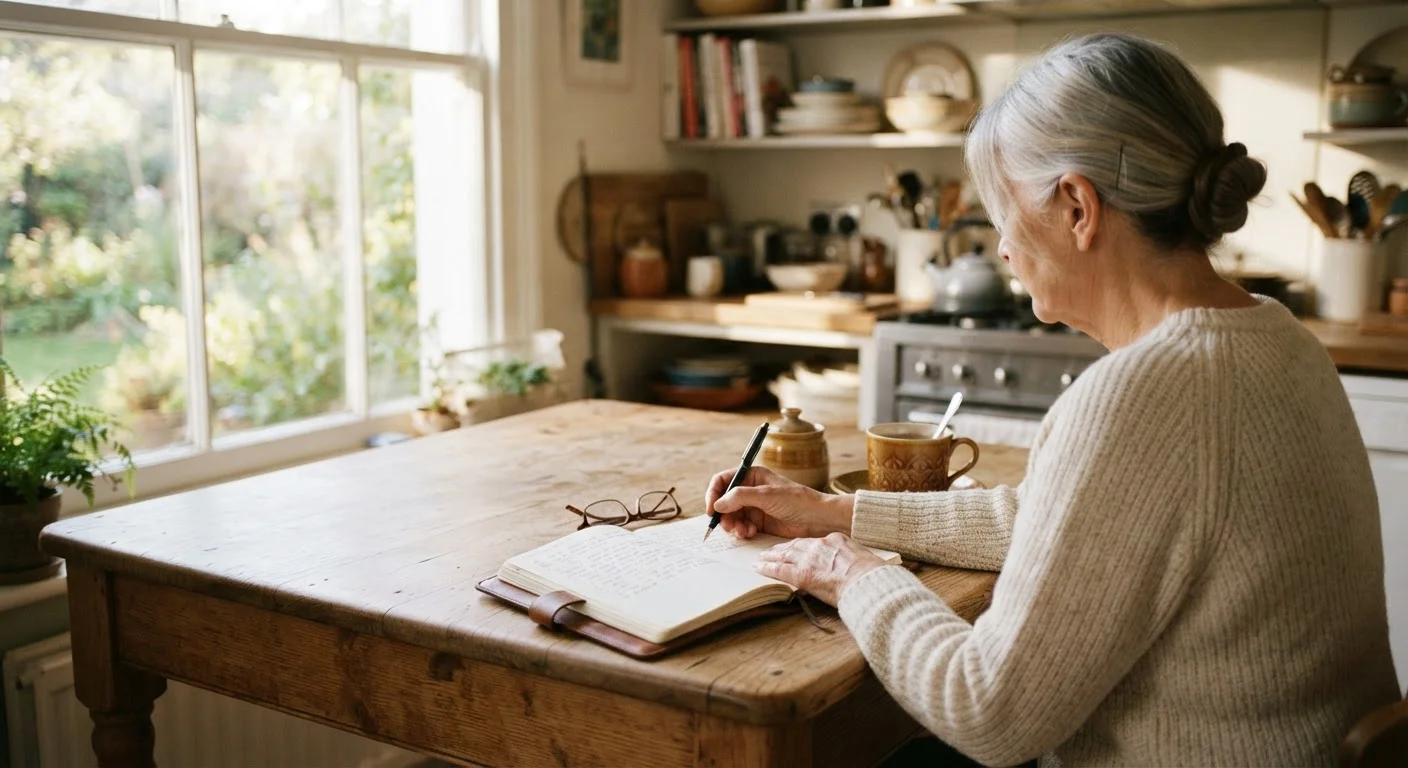 An older adult writing in a journal at a sunlit kitchen table with a cup of tea