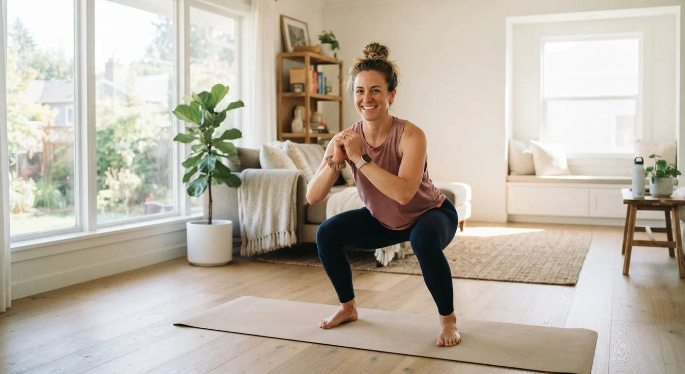 Person in casual workout clothes performing a bodyweight squat in a sunlit living room