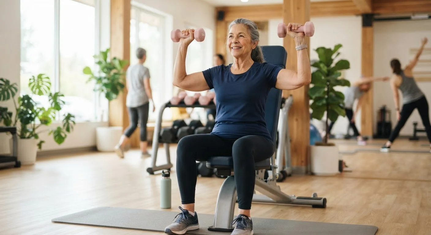 An older adult performing a seated dumbbell exercise in a bright, welcoming gym.
