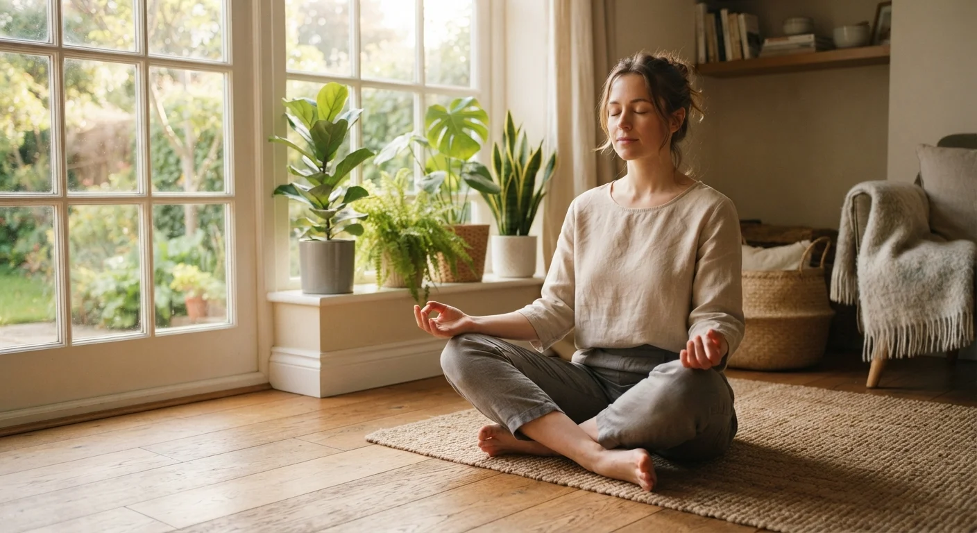 Person sitting calmly near a sunny window practicing mindful stress relief at home.