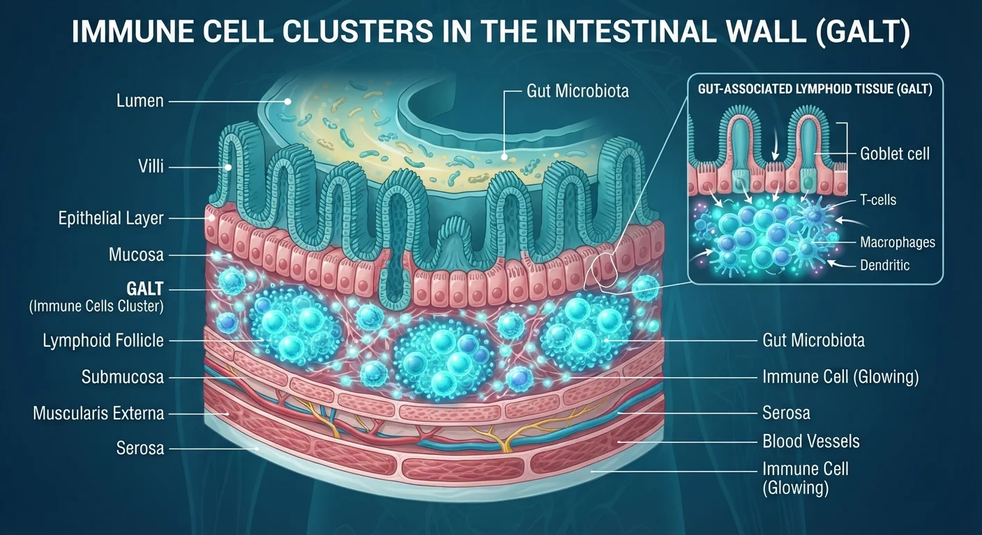 Illustrated cross-section of the human gut showing immune cells lining the intestinal wall