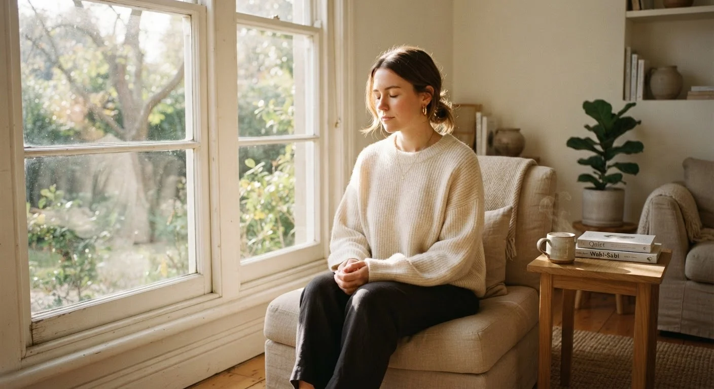 Person sitting peacefully by a window practicing mindfulness in soft morning light