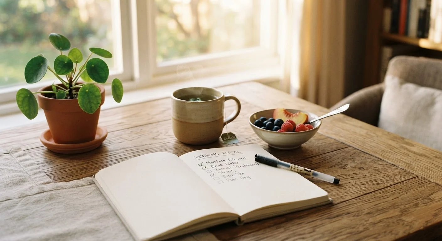 Open checklist journal on a wooden table with green tea and fresh fruit in soft morning light.