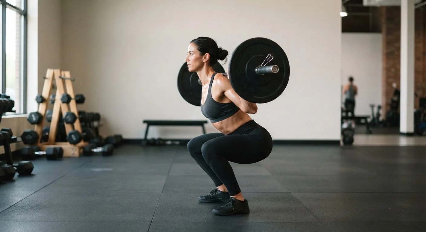 Person demonstrating proper squat form with aligned knees and straight back in a gym
