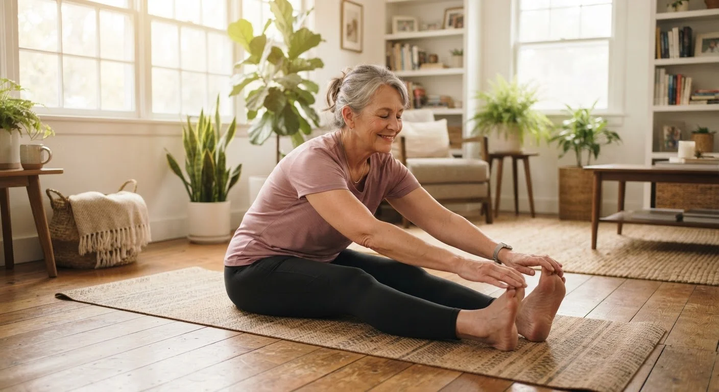 Older adult woman performing a gentle seated stretch on a yoga mat at home