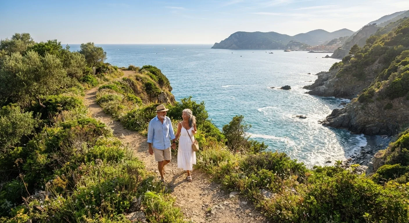 Older adult couple walking along a scenic coastal path in warm sunlight