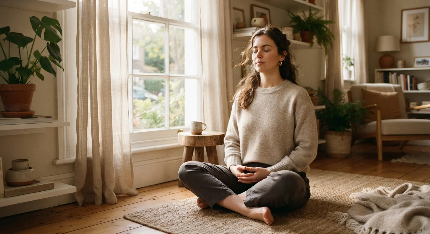 Person sitting quietly near a sunlit window practicing mindfulness meditation indoors