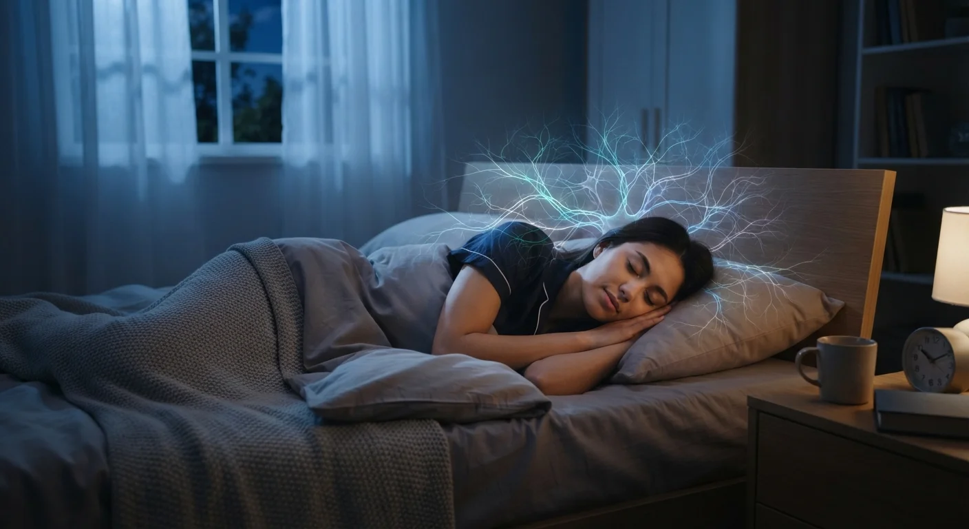 Person sleeping peacefully in a moonlit bedroom with subtle neural network overlay suggesting brain activity