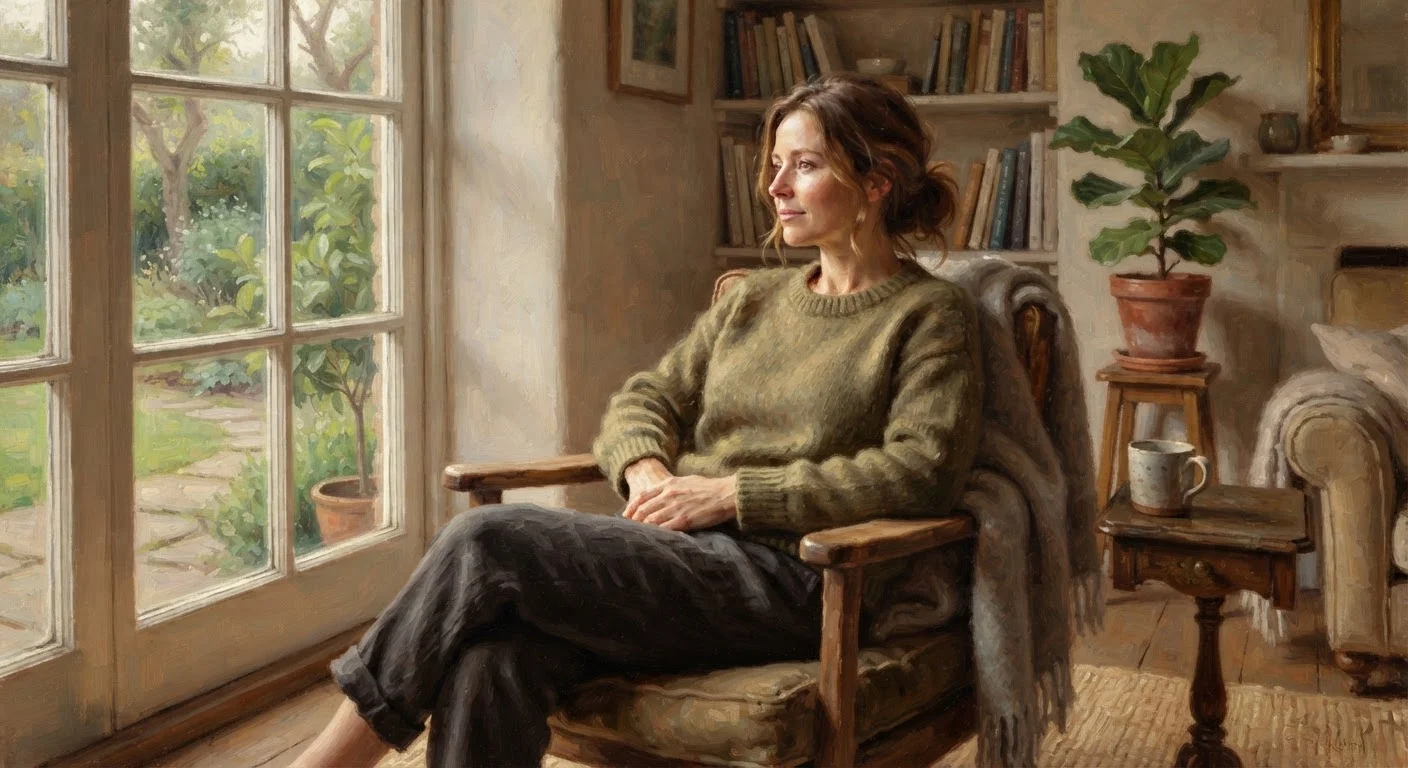 A person sitting calmly in a warmly lit room, practicing mindfulness with relaxed posture