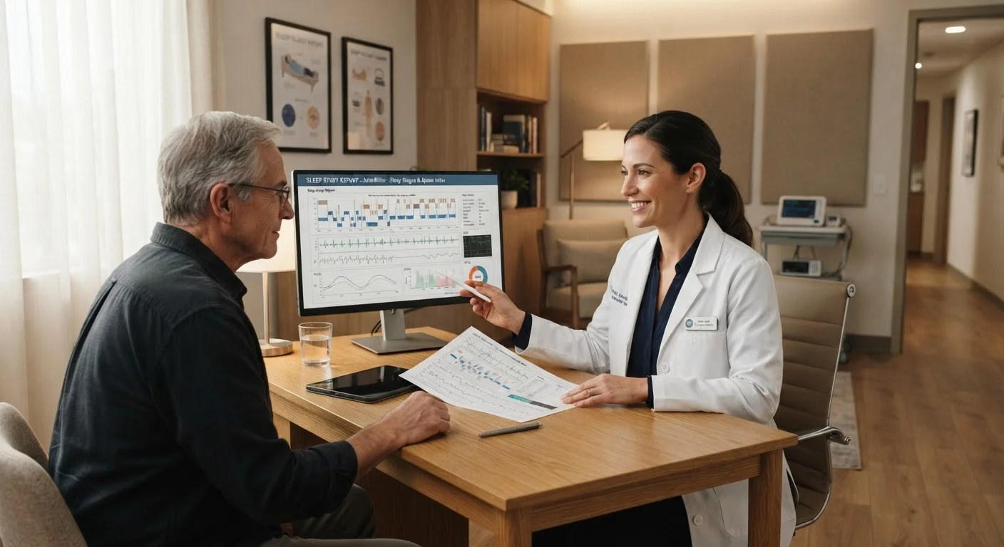 Healthcare professional reviewing a sleep study report with a patient in a calm clinical setting