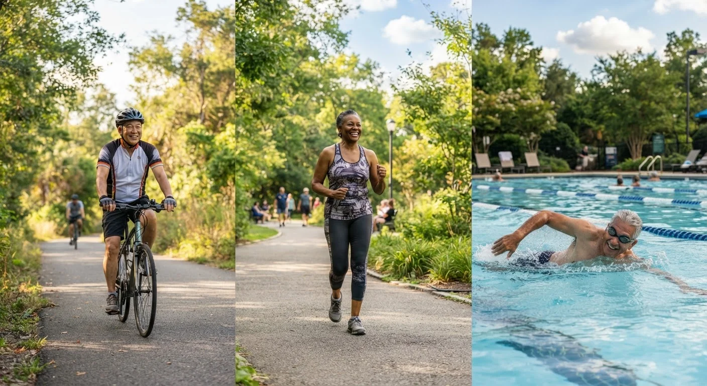 Three older adults engaged in walking, swimming, and cycling in outdoor and pool settings