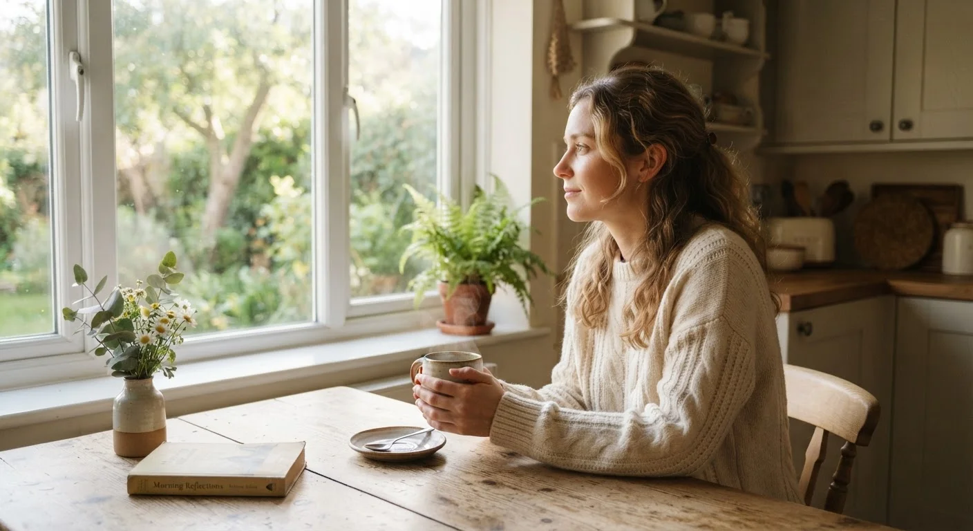 Person sitting calmly at a kitchen table with tea, looking out a sunlit window.