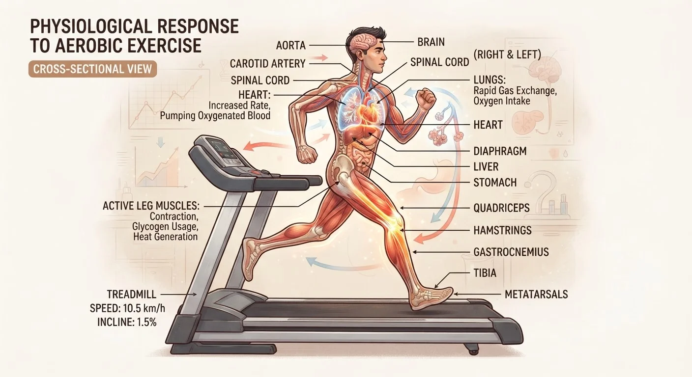 Illustration of a person exercising with highlighted heart, lungs, and muscles showing physiological activity