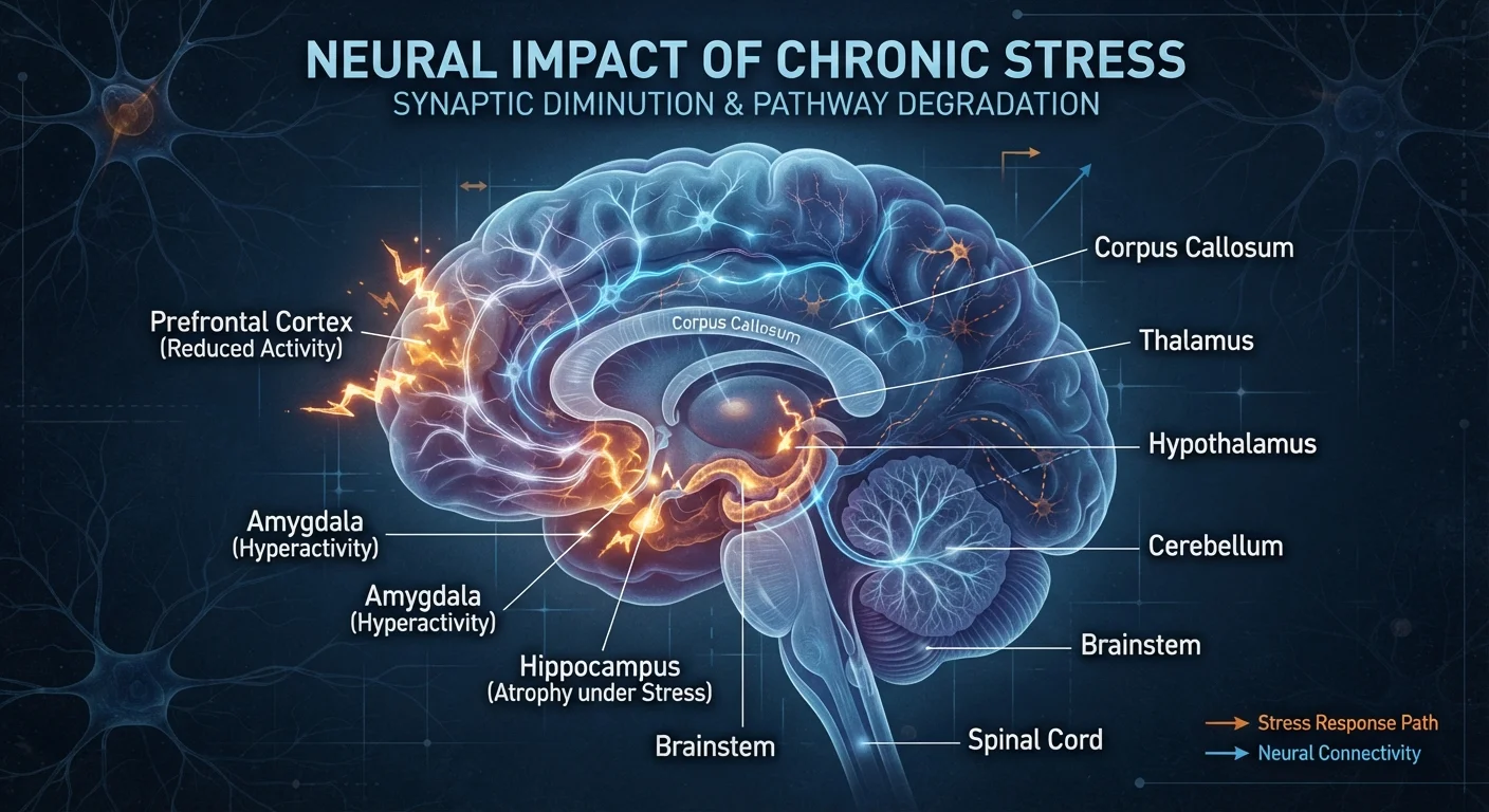 Scientific illustration of a human brain showing areas affected by chronic stress and cortisol exposure