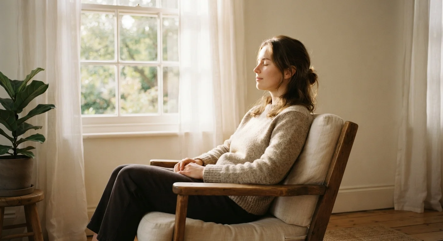 Person sitting peacefully by a sunlit window practicing mindfulness with eyes closed