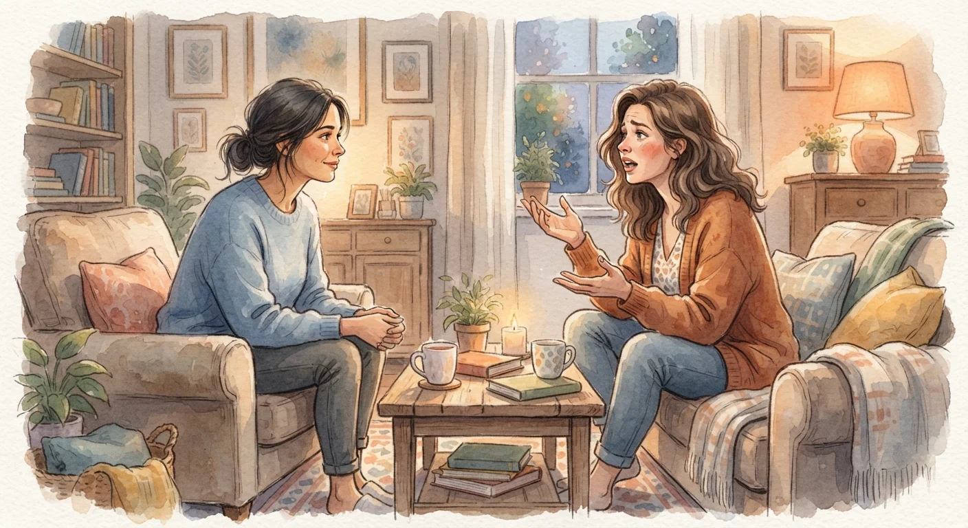 Two people engaged in a supportive emotional conversation in a cozy, warmly lit room